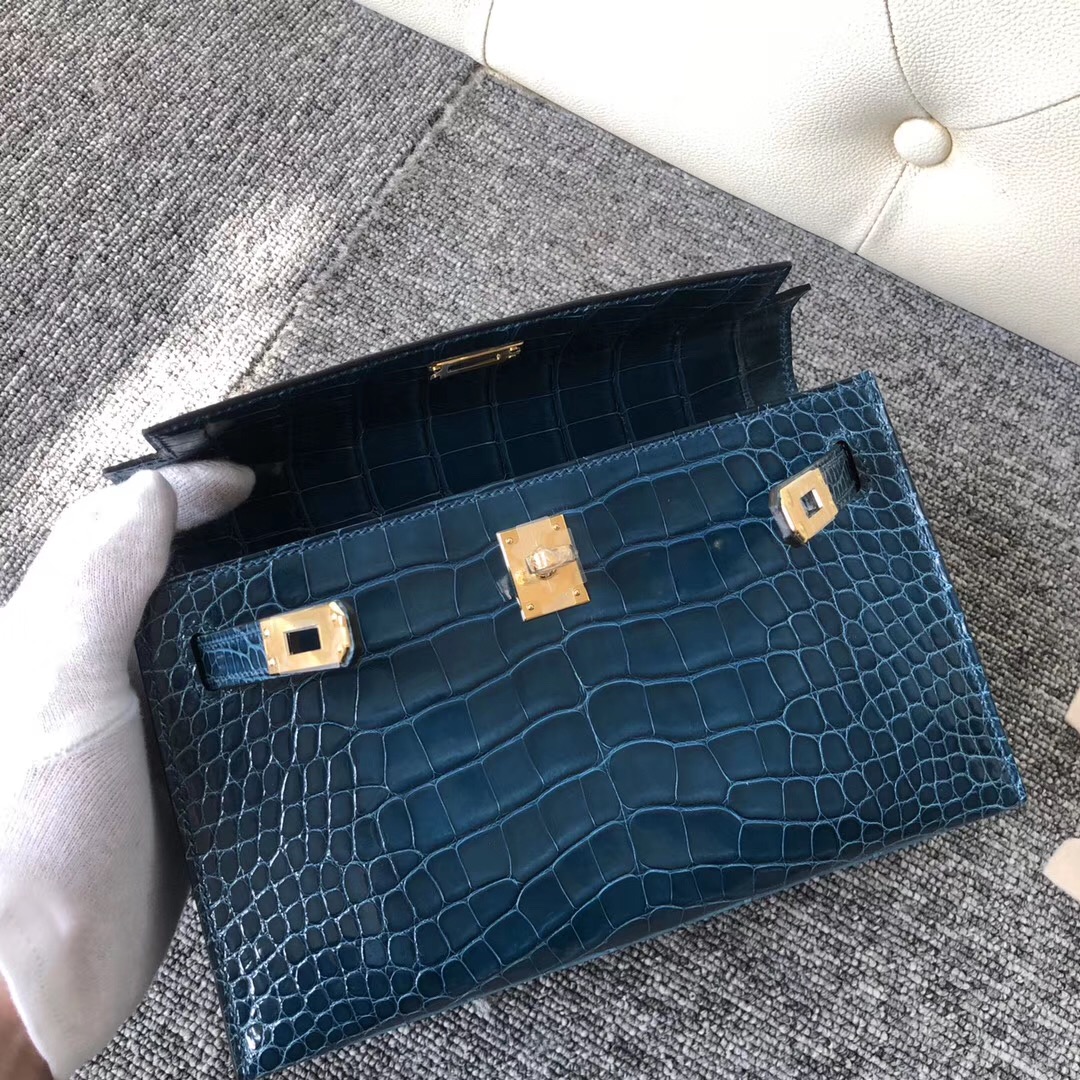 Hermes MiniKelly Pochette 亮面方塊 美洲鱷 W0 博斯普魯斯綠 Blue Bosphore