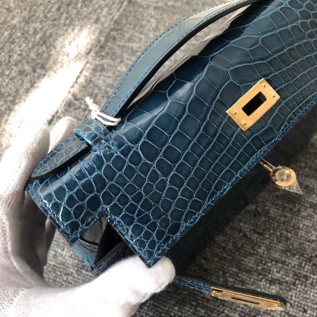 Hermes MiniKelly Pochette 亮面方塊 美洲鱷 W0 博斯普魯斯綠 Blue Bosphore