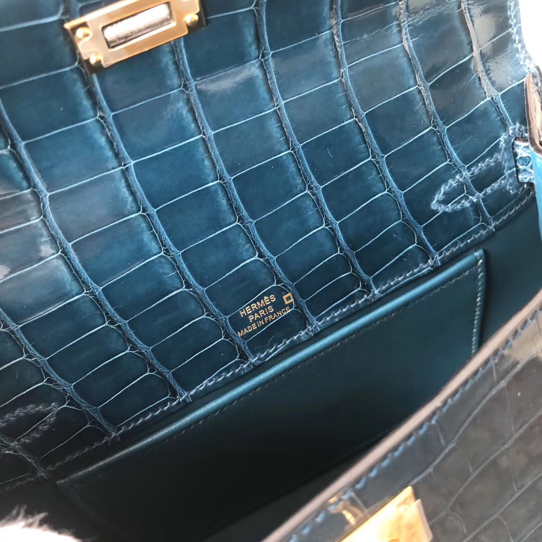 Hermes MiniKelly Pochette 亮面方塊 美洲鱷 W0 博斯普魯斯綠 Blue Bosphore