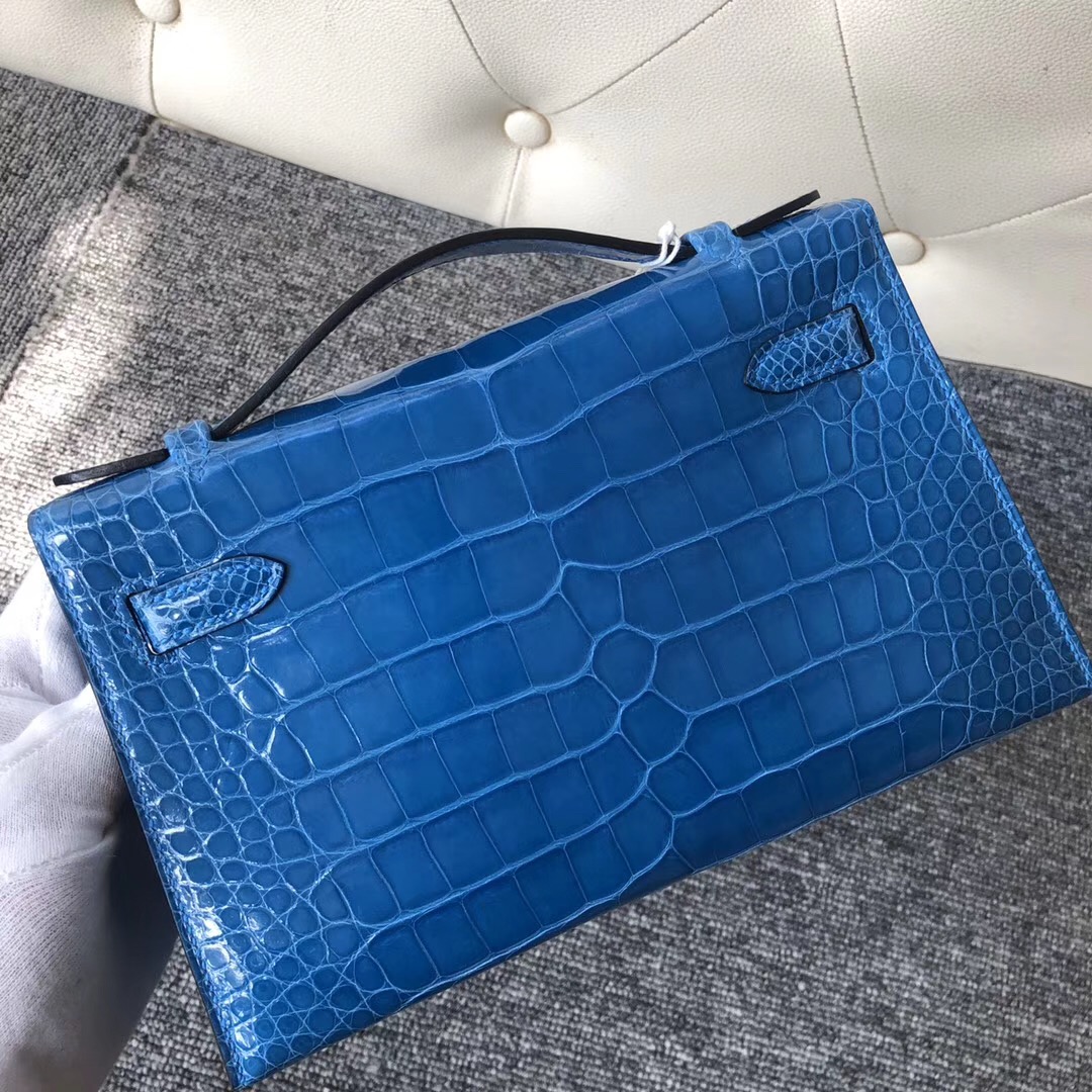 Hermes MiniKelly Pochette 亮面方塊 美洲鱷 7Q希臘藍 Blue Mykonos