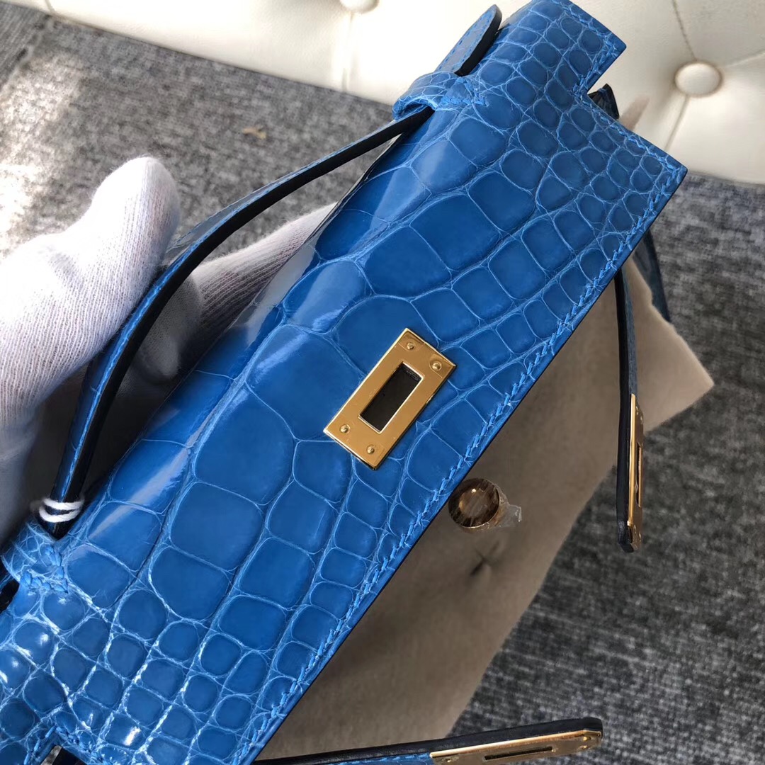 Hermes MiniKelly Pochette 亮面方塊 美洲鱷 7Q希臘藍 Blue Mykonos