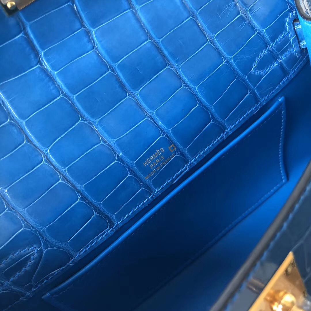 Hermes MiniKelly Pochette 亮面方塊 美洲鱷 7Q希臘藍 Blue Mykonos