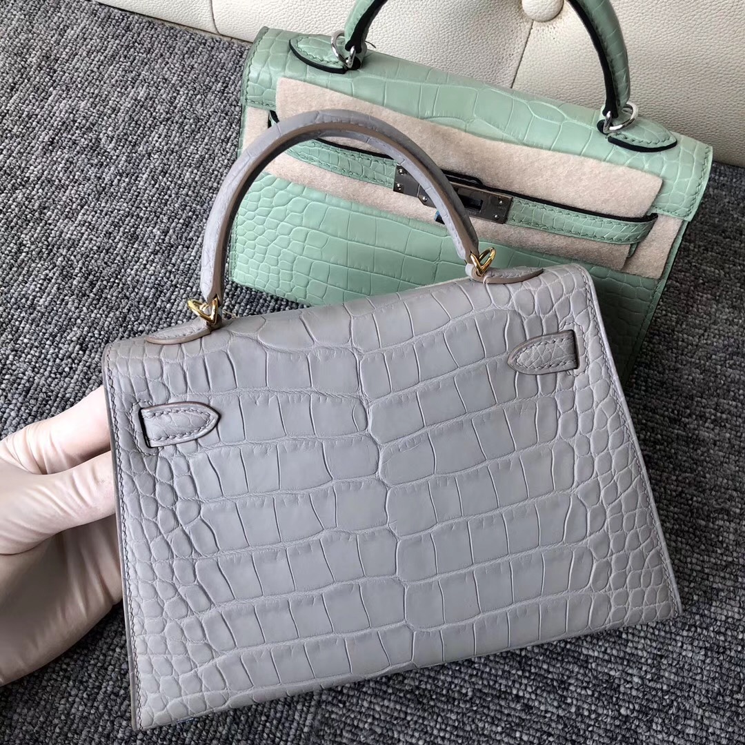 Hermes Kelly Mini 2代 美洲鱷 CK80珍珠灰 grey pearl Gold Hardware