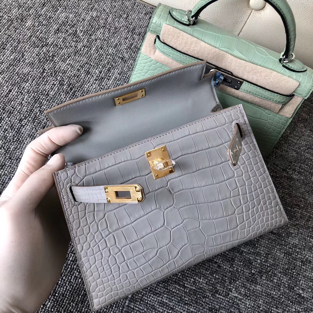 Hermes Kelly Mini 2代 美洲鱷 CK80珍珠灰 grey pearl Gold Hardware