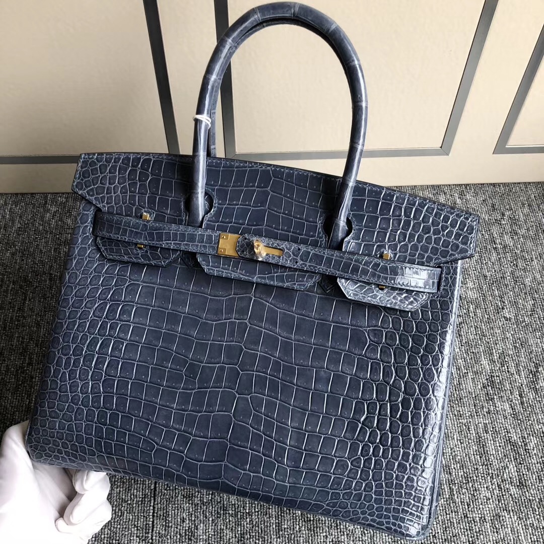 愛馬仕鉑金包定制 Hermes Birkin 30cm HCP美洲鱷 N7 Blue Tempete風暴藍