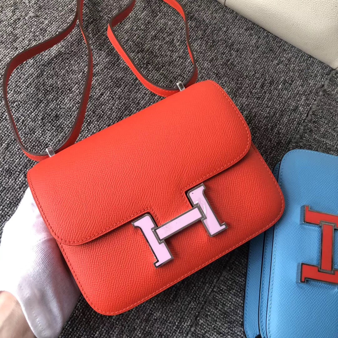 Los Angeles USA Hermes Constance 19cm S3心紅色配 X9錦葵紫 琺瑯扣