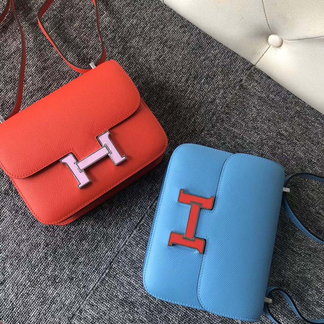 Los Angeles USA Hermes Constance 19cm S3心紅色配 X9錦葵紫 琺瑯扣