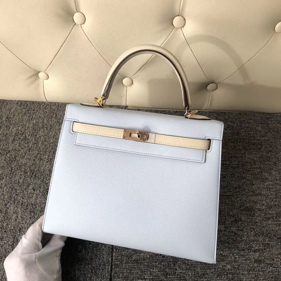 Hermes Kelly 25cm Hss Epsom T0 Blue Brume 霧藍色/CK10 craie 奶昔白