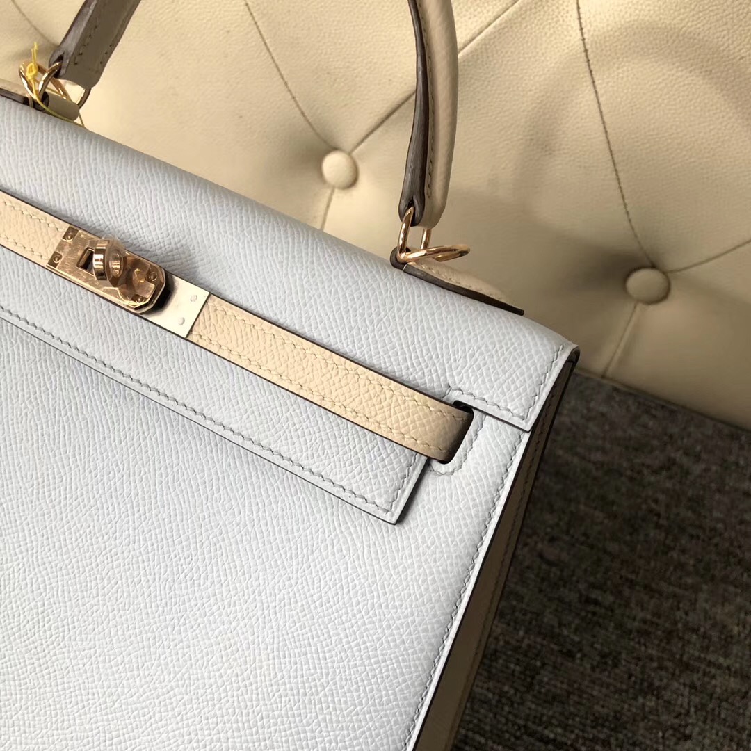 Hermes Kelly 25cm Hss Epsom T0 Blue Brume 霧藍色/CK10 craie 奶昔白