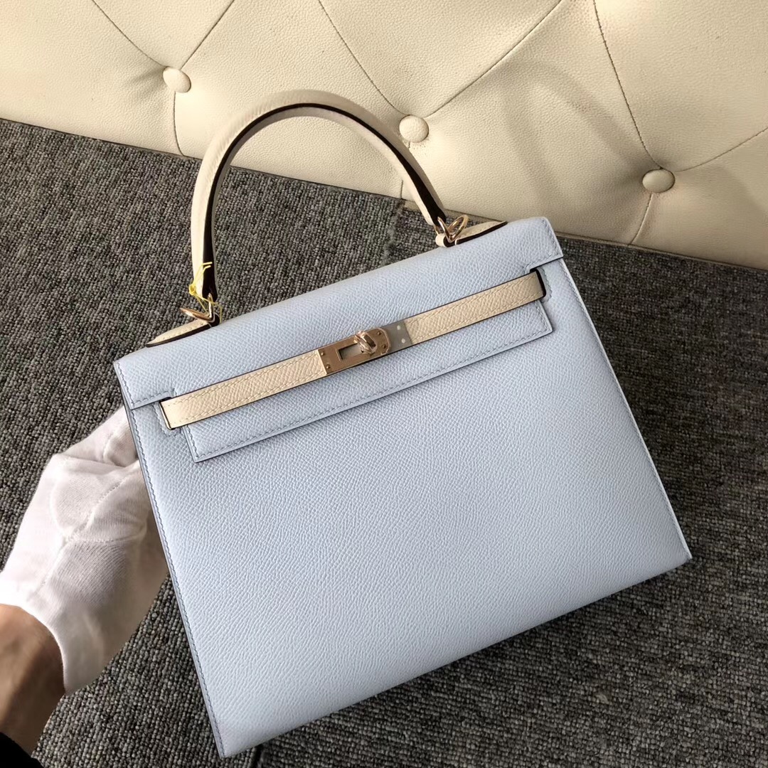 Hermes Kelly 25cm Hss Epsom T0 Blue Brume 霧藍色/CK10 craie 奶昔白