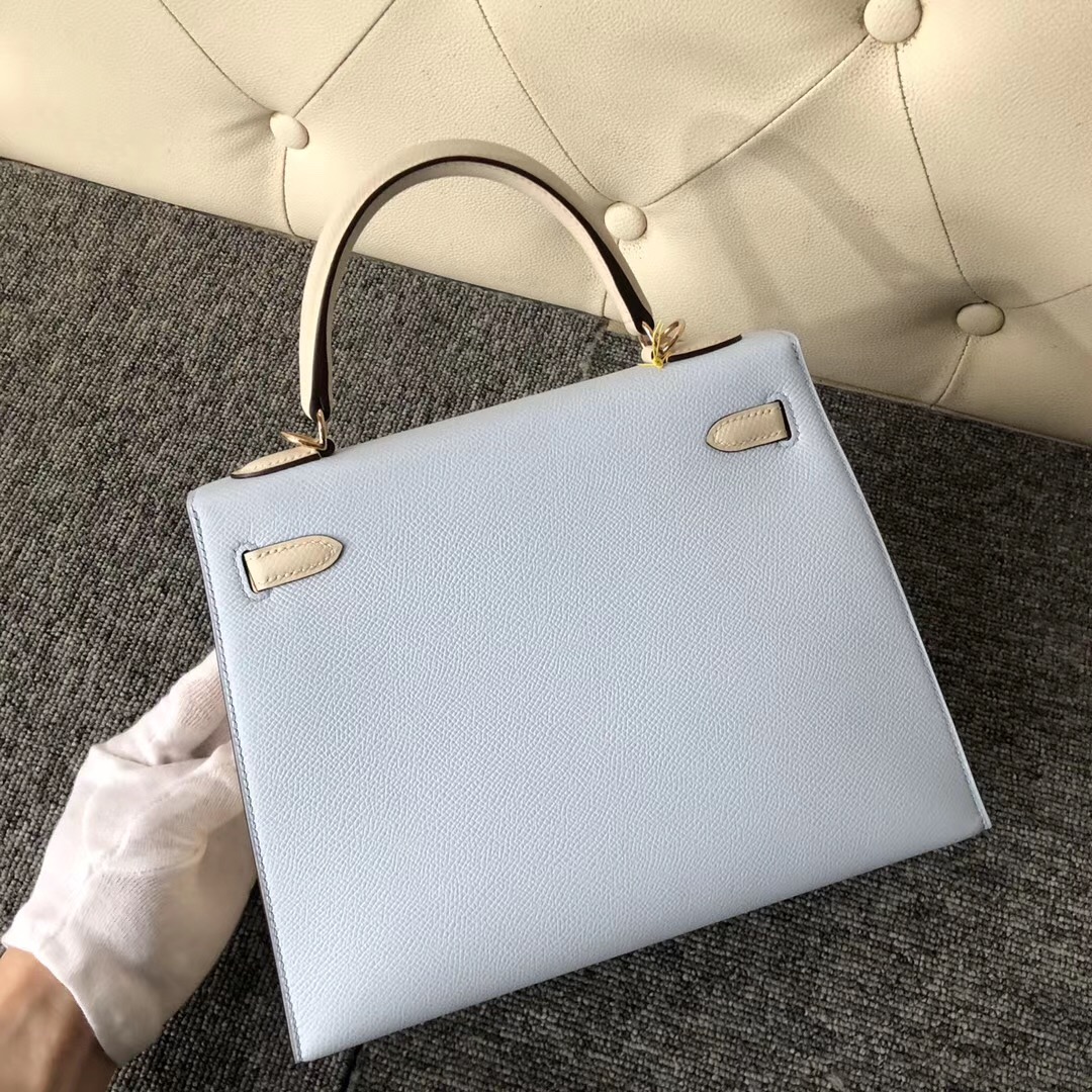 Hermes Kelly 25cm Hss Epsom T0 Blue Brume 霧藍色/CK10 craie 奶昔白