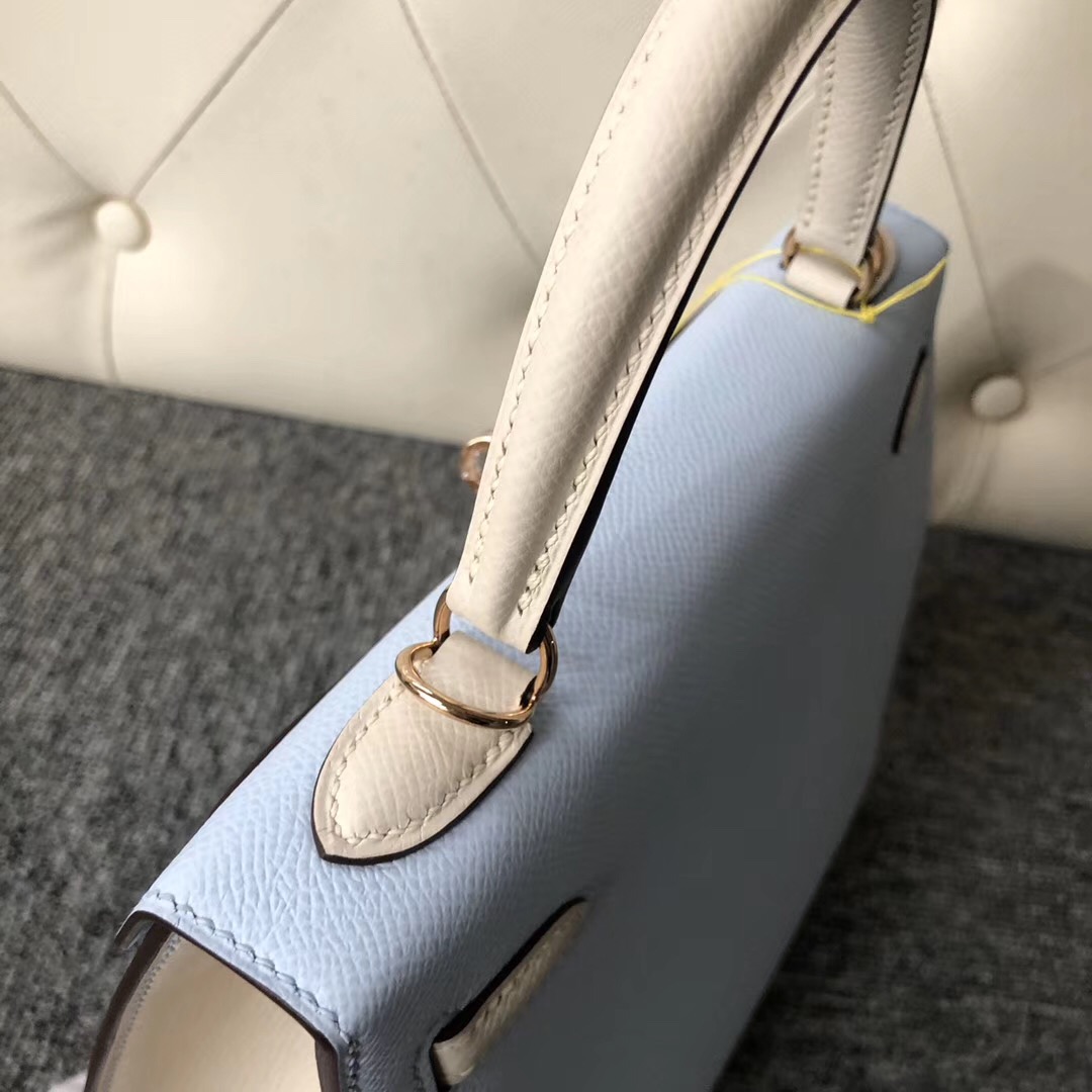 Hermes Kelly 25cm Hss Epsom T0 Blue Brume 霧藍色/CK10 craie 奶昔白