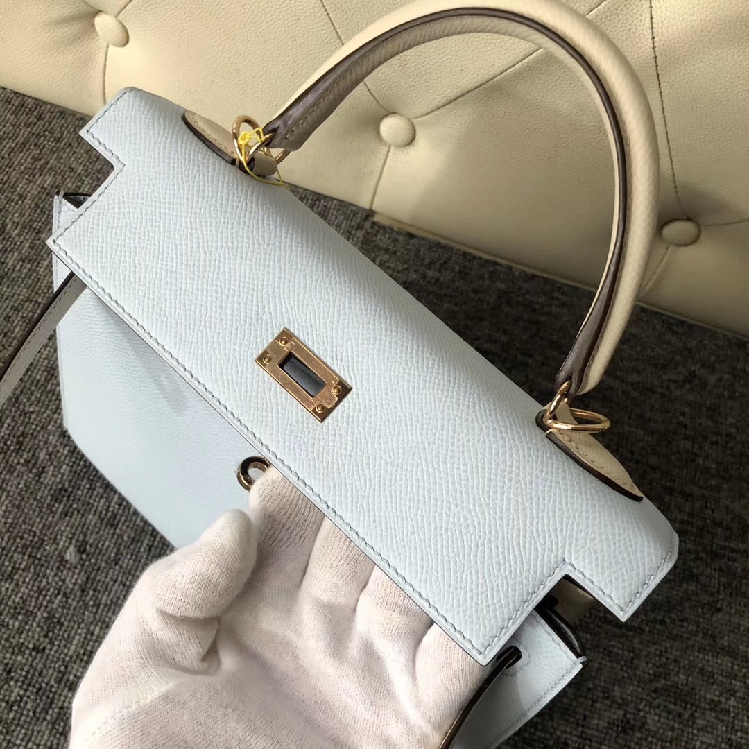 Hermes Kelly 25cm Hss Epsom T0 Blue Brume 霧藍色/CK10 craie 奶昔白