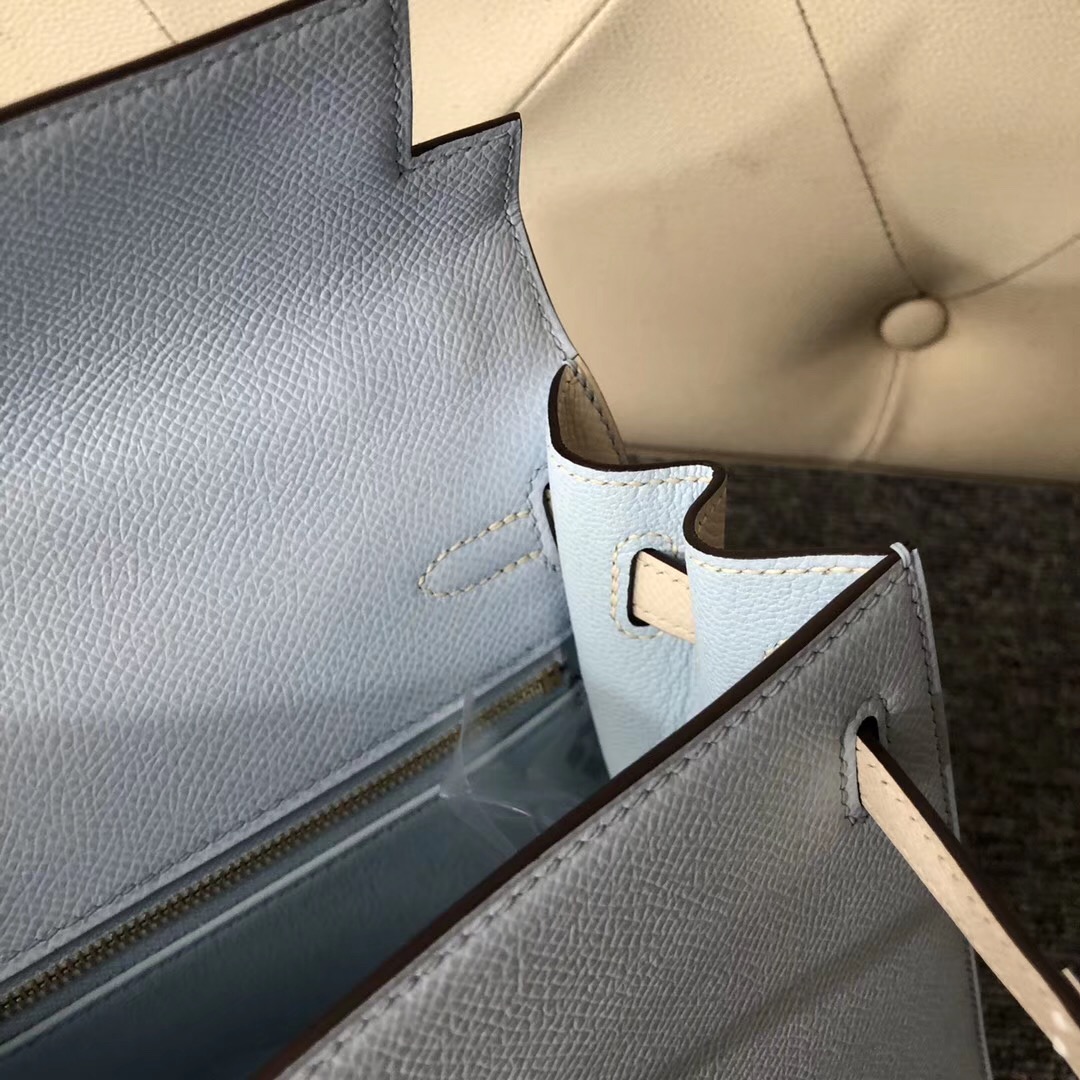 Hermes Kelly 25cm Hss Epsom T0 Blue Brume 霧藍色/CK10 craie 奶昔白