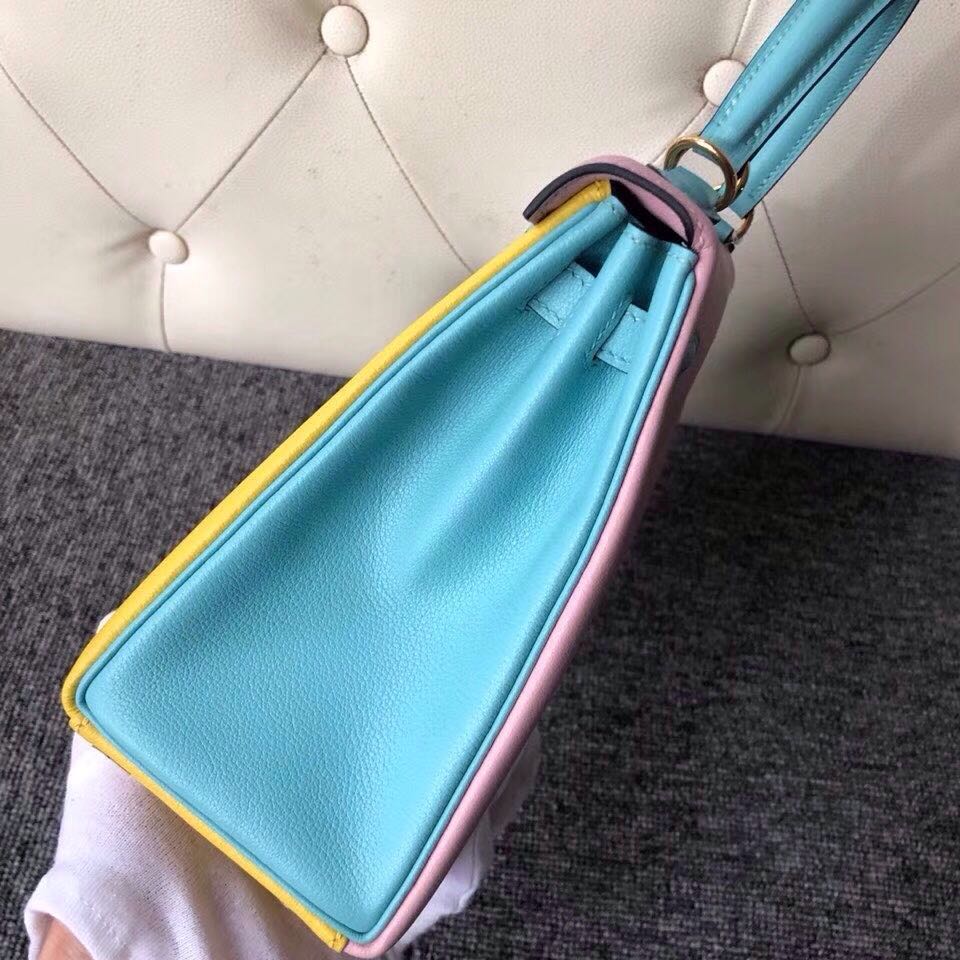 Hermes Kelly 三拼色 25cm 9R lemon 3Q Rose Sakura 3P Blue Atoll