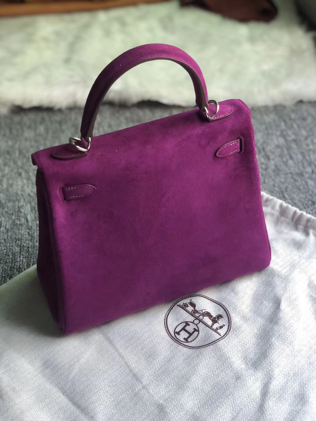 Hong Kong Hermes Kelly 25cm 麂皮 羊皮反絨 P9海葵紫 Anemone