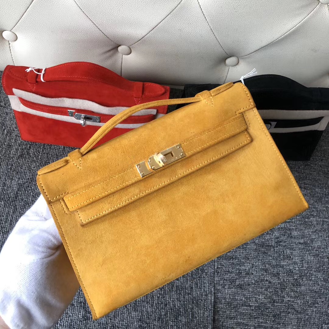 臺灣臺北市 Hermes MiniKelly Pochette 麂皮 羊皮反絨 9D Amber 琥珀黃