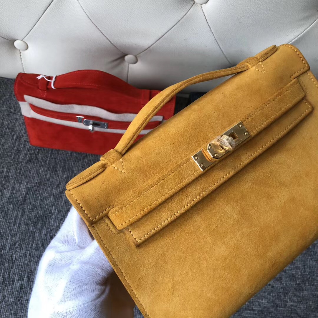 臺灣臺北市 Hermes MiniKelly Pochette 麂皮 羊皮反絨 9D Amber 琥珀黃