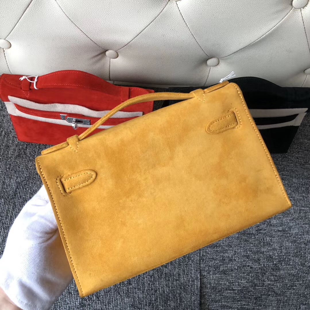 臺灣臺北市 Hermes MiniKelly Pochette 麂皮 羊皮反絨 9D Amber 琥珀黃