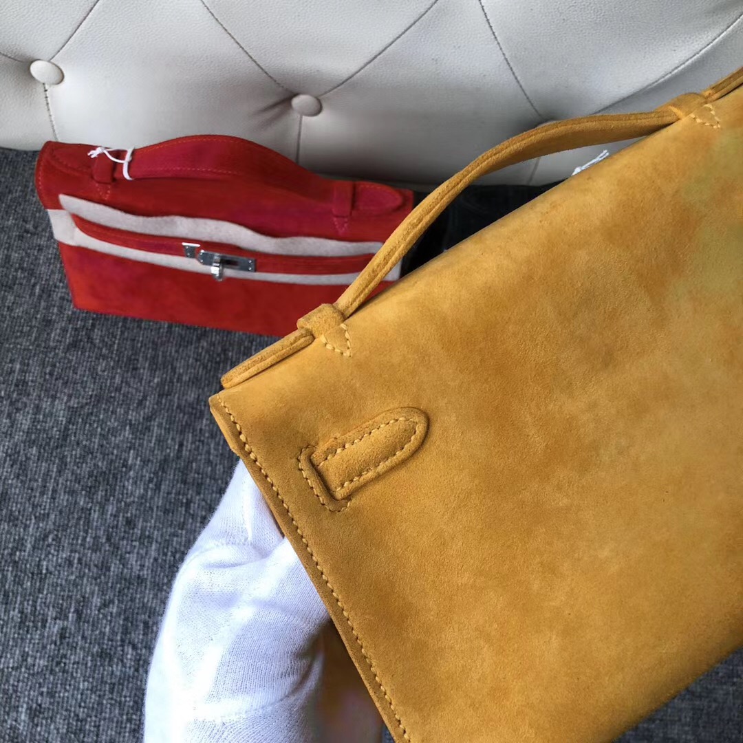 臺灣臺北市 Hermes MiniKelly Pochette 麂皮 羊皮反絨 9D Amber 琥珀黃