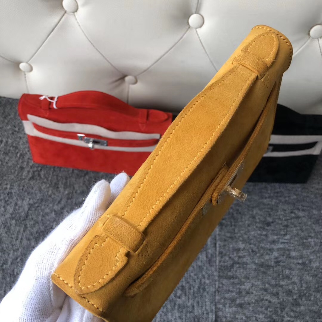 臺灣臺北市 Hermes MiniKelly Pochette 麂皮 羊皮反絨 9D Amber 琥珀黃