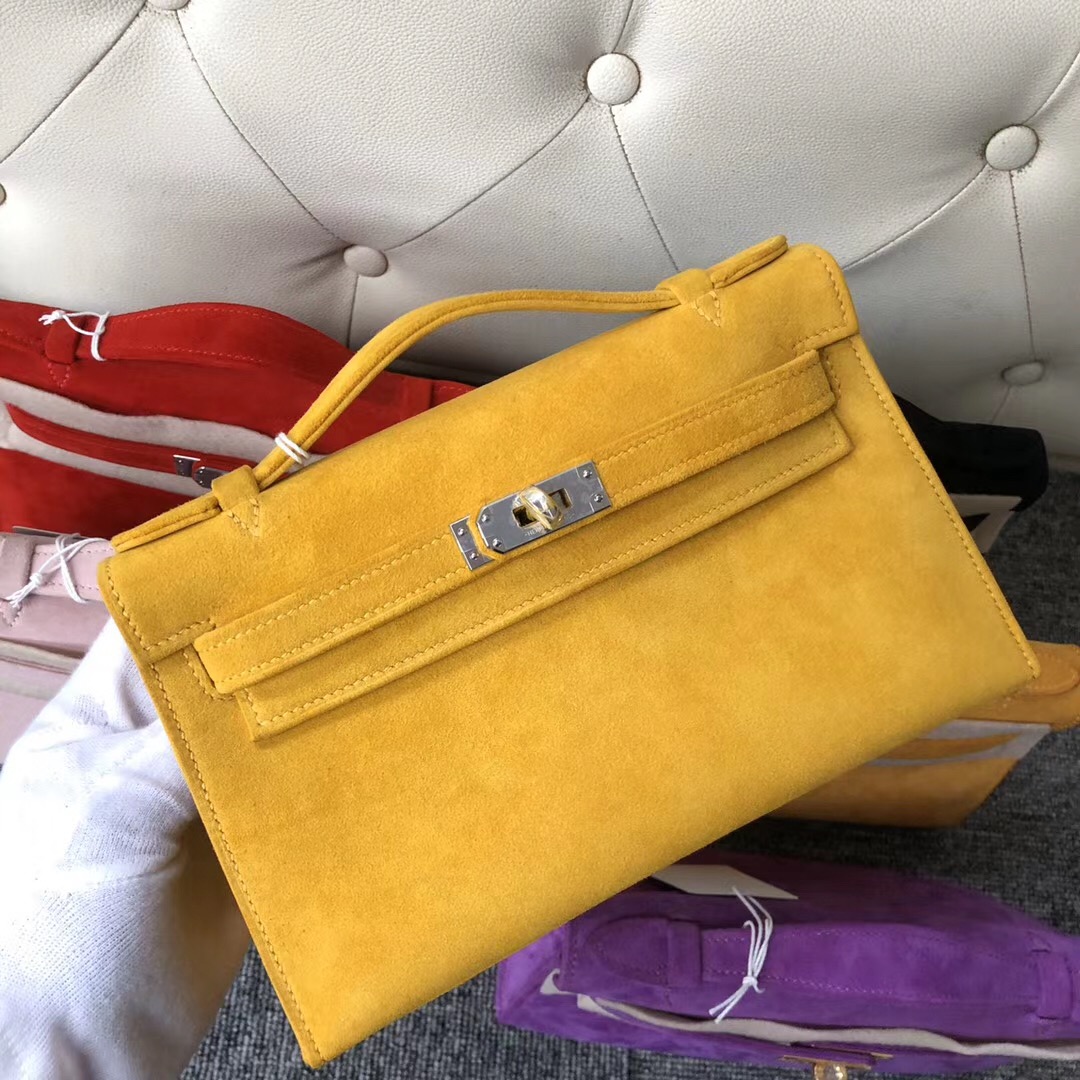 Macao Hermes MiniKelly Pochette 麂皮 羊皮反絨 9D Amber 琥珀黃