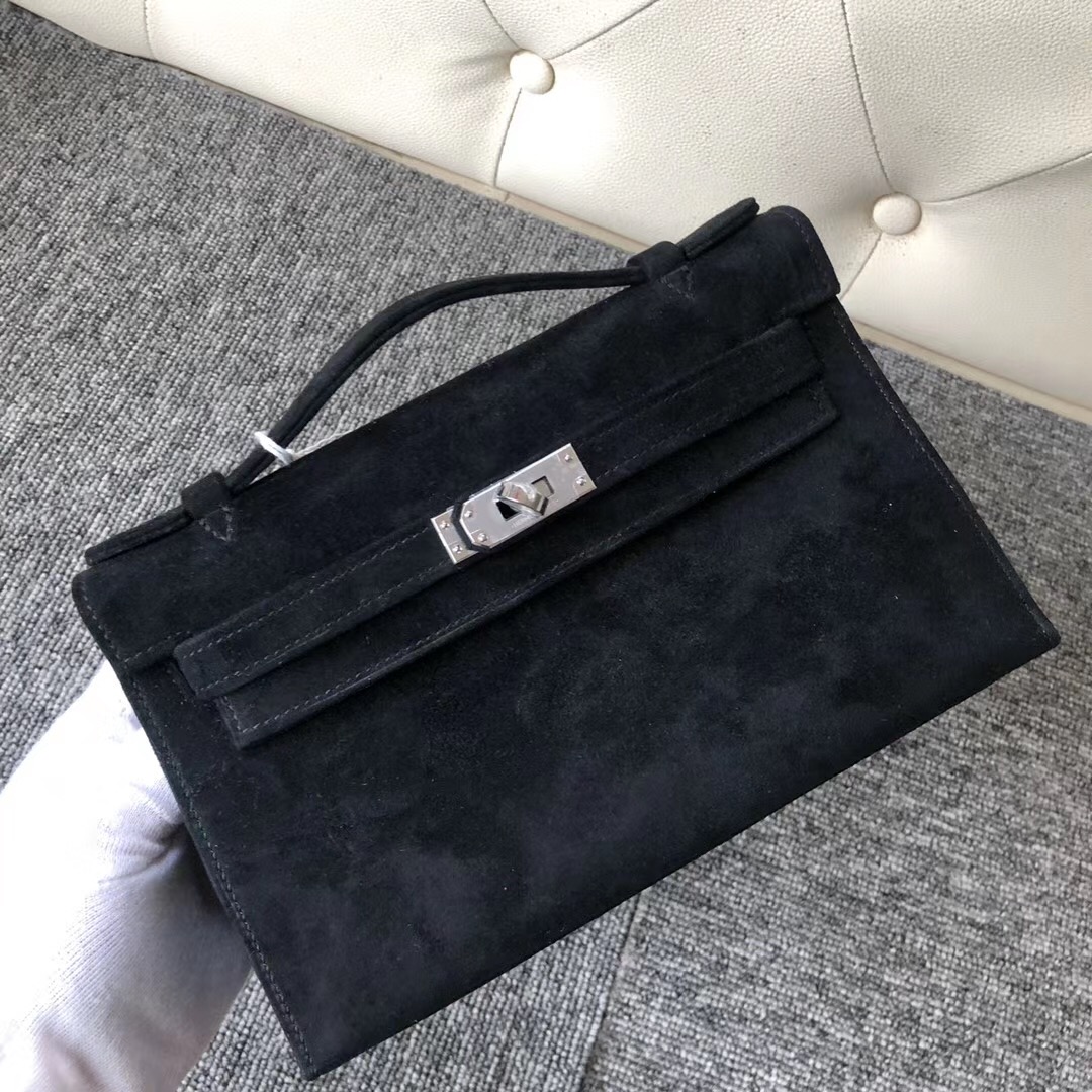 澳門愛馬仕專賣店 Hermes MiniKelly Pochette 羊皮反絨 CK89黑色 Black