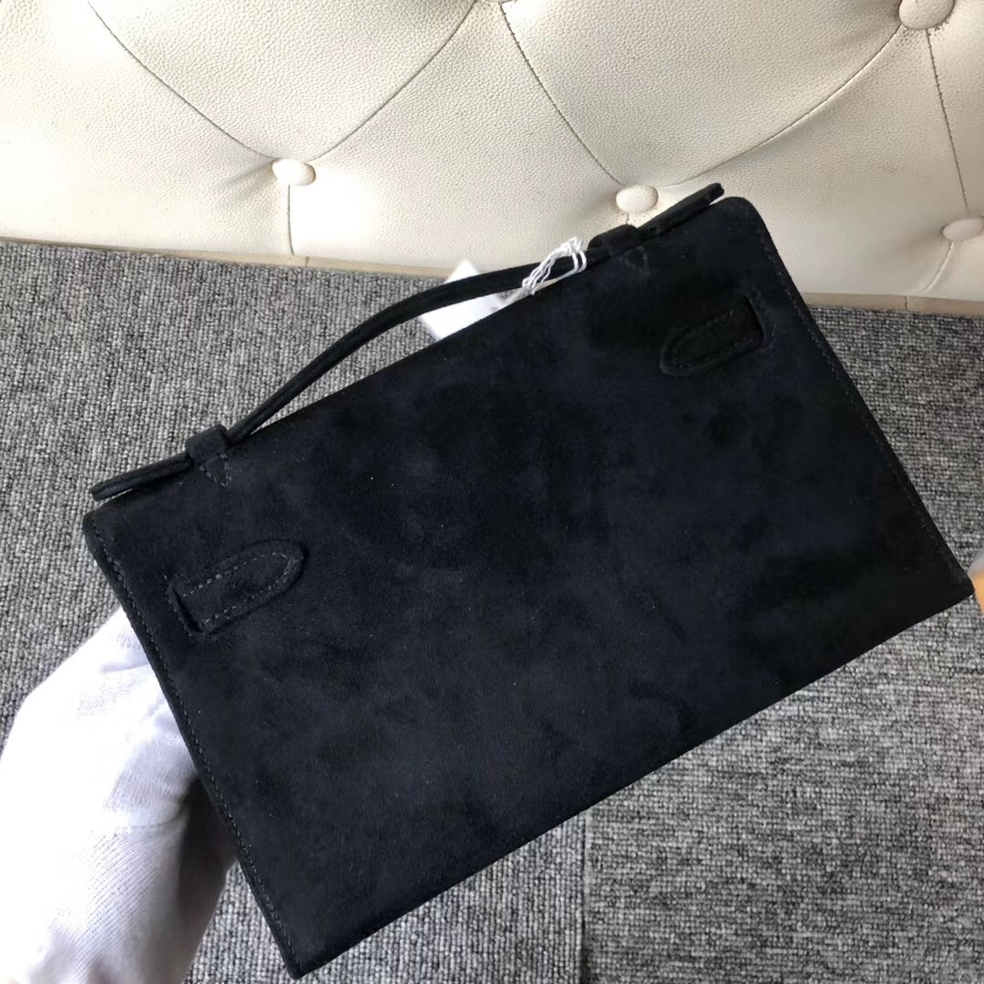 澳門愛馬仕專賣店 Hermes MiniKelly Pochette 羊皮反絨 CK89黑色 Black