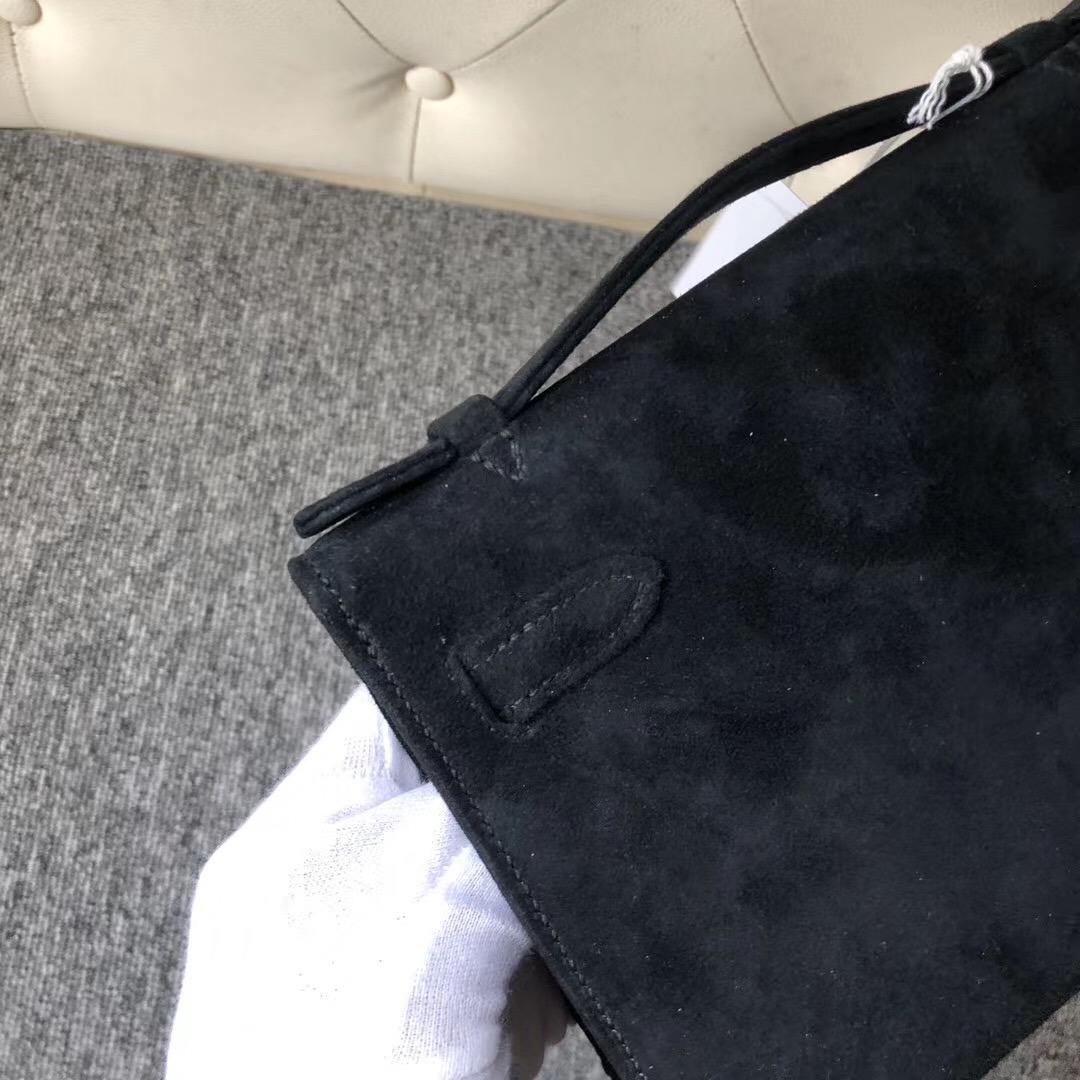 澳門愛馬仕專賣店 Hermes MiniKelly Pochette 羊皮反絨 CK89黑色 Black