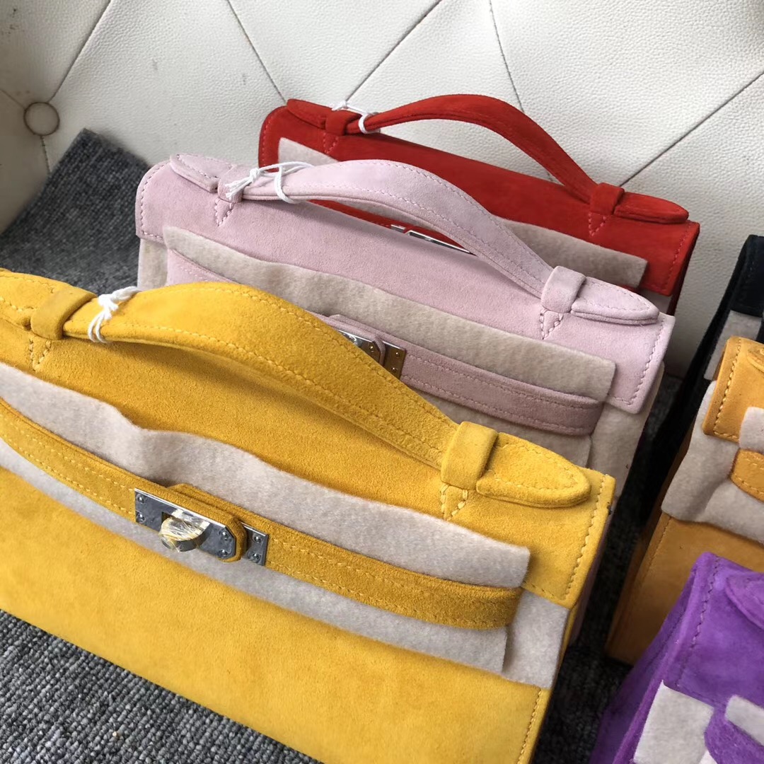 臺灣臺北市 Hermes MiniKelly Pochette 麂皮 羊皮反絨 9D Amber 琥珀黃