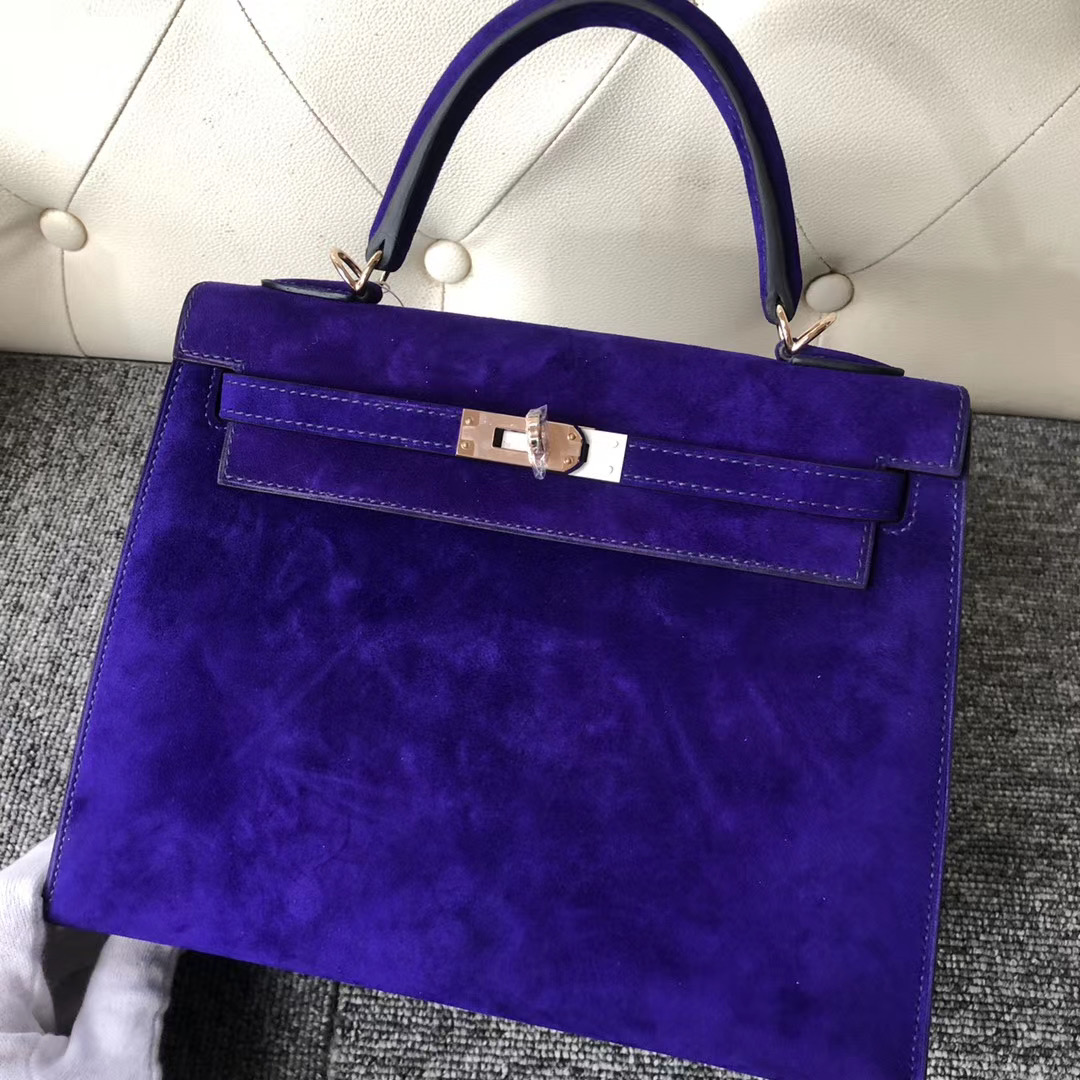 Hermes Kelly 28cm Sellier 外縫麂皮羊皮反絨 7T電光藍Blue eletric