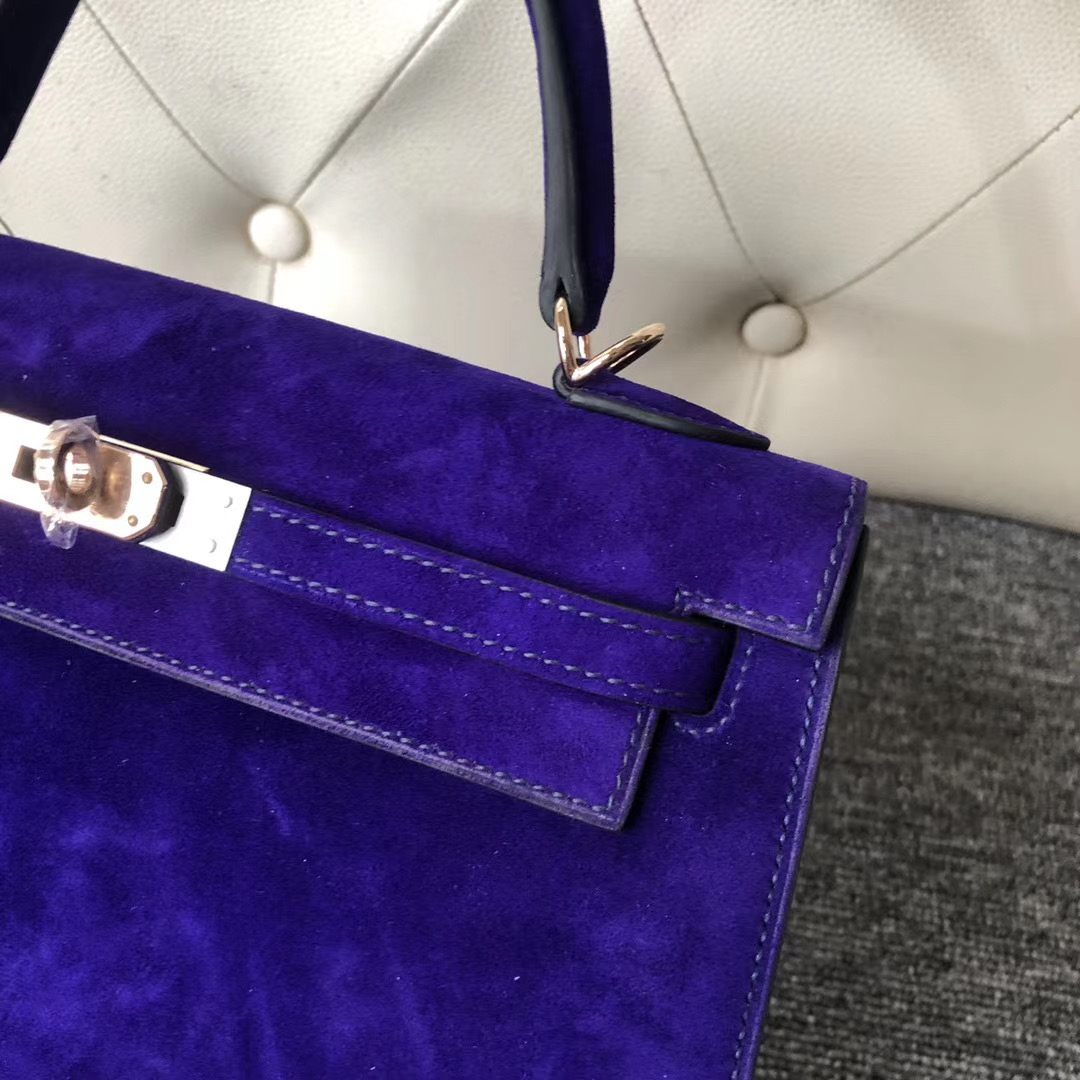 Hermes Kelly 28cm Sellier 外縫麂皮羊皮反絨 7T電光藍Blue eletric