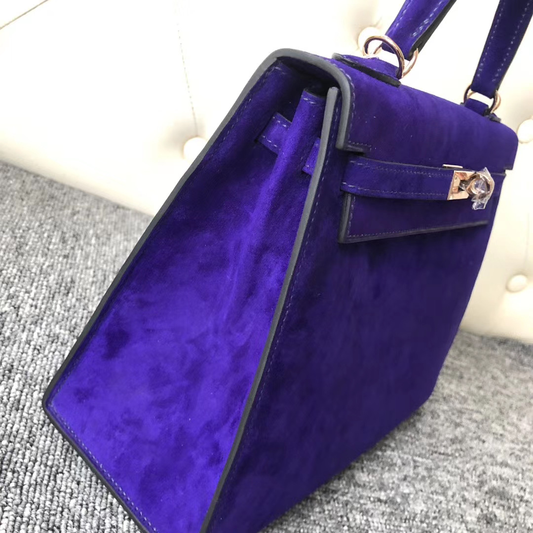 Hermes Kelly 28cm Sellier 外縫麂皮羊皮反絨 7T電光藍Blue eletric