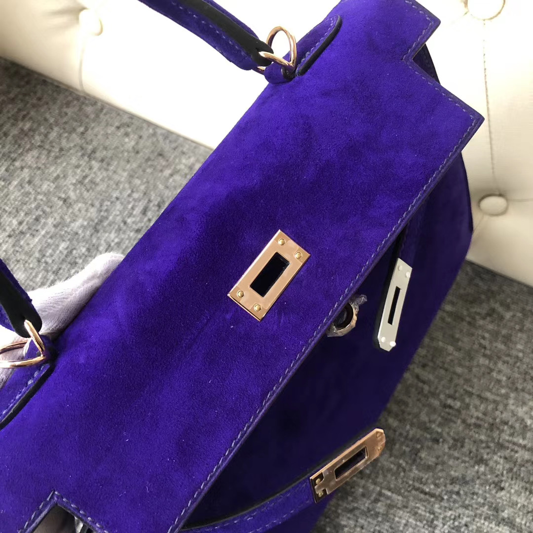 Hermes Kelly 28cm Sellier 外縫麂皮羊皮反絨 7T電光藍Blue eletric