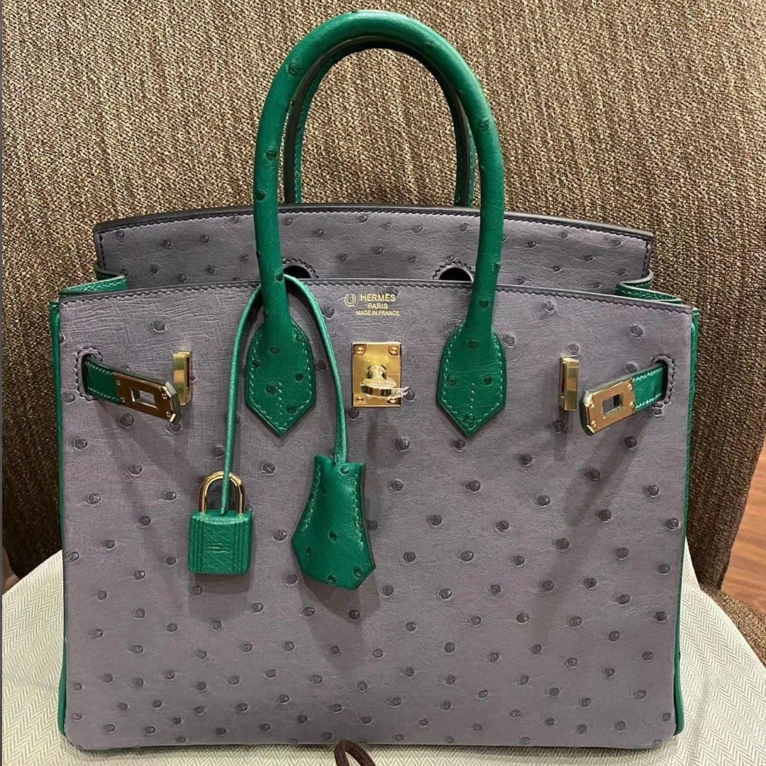 臺灣桃園市 Hermes Birkin 25cm 鴕鳥皮 CK82瑪瑙灰 gris agate U4絲絨綠