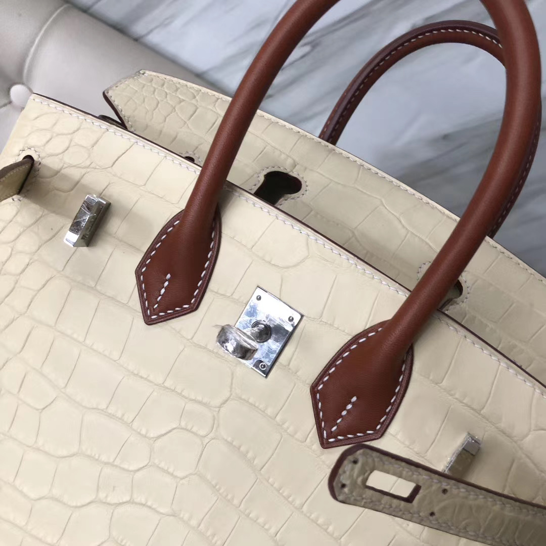 臺灣愛馬仕鉑金包Hermes Birkin 25cm 美洲鱷Y1香草色Vanille 馬鞍皮手腕