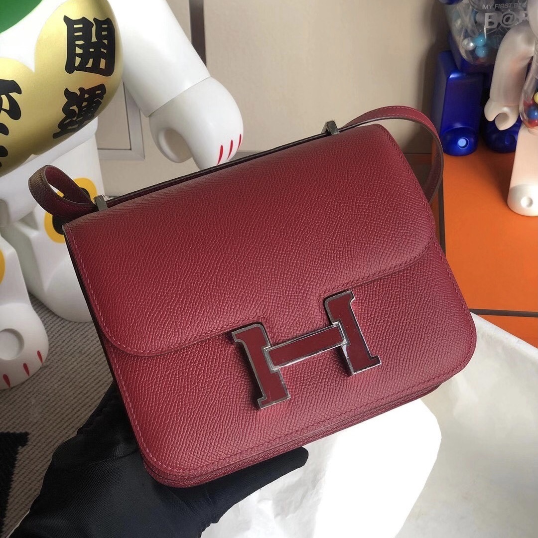 Hermes Mini Constance Epsom K1 Rouge Grenat 內拼 T5 Rose Jaipur 琺瑯扣