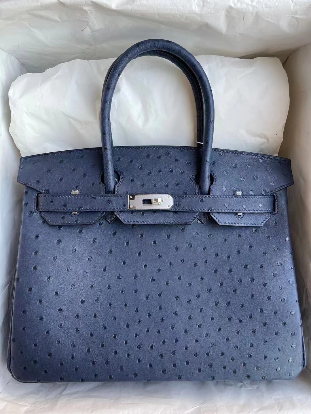 Hermes Birkin 30cm Ostrich 7L Blue de 馬耳他藍原廠KK 南非鴕鳥皮 銀扣