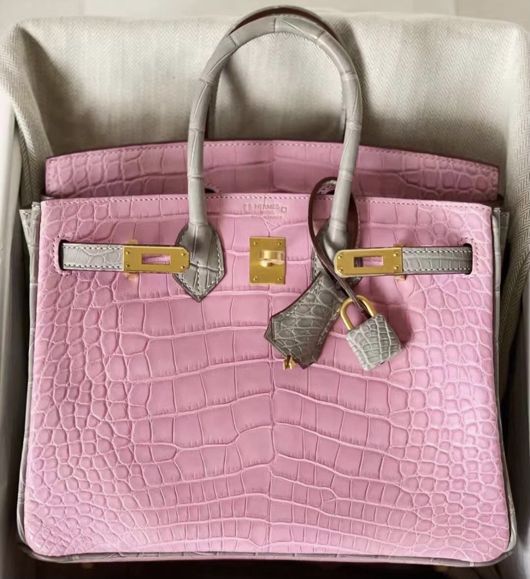 Hermes Birkin 25 Matte Alligator Crocodile 5P Pink 櫻花粉 80 Gris Pearl 珍珠灰
