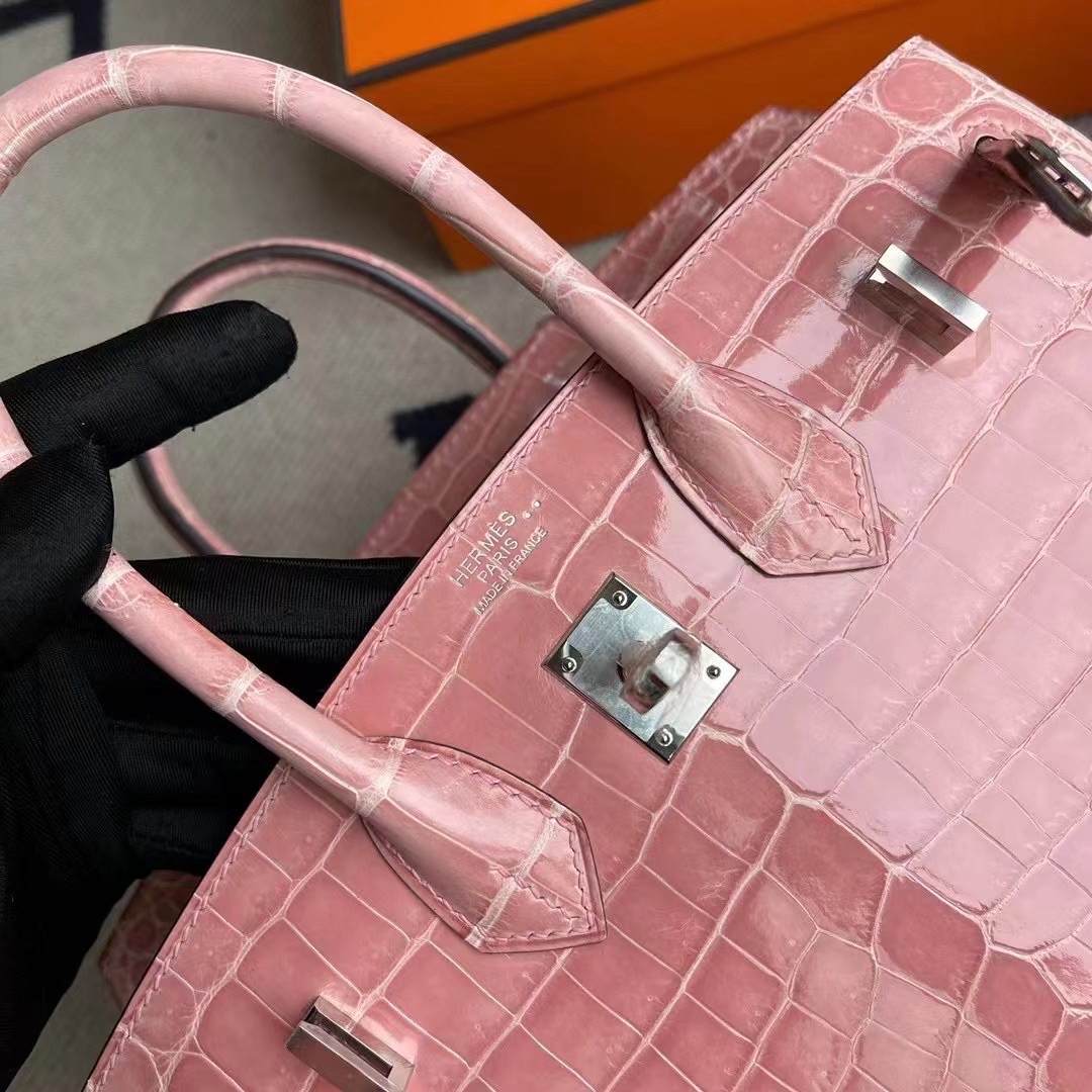 Hermes Birkin 25cm 1Q Rose Confetti 奶昔粉 亮面尼羅鱷魚銀扣