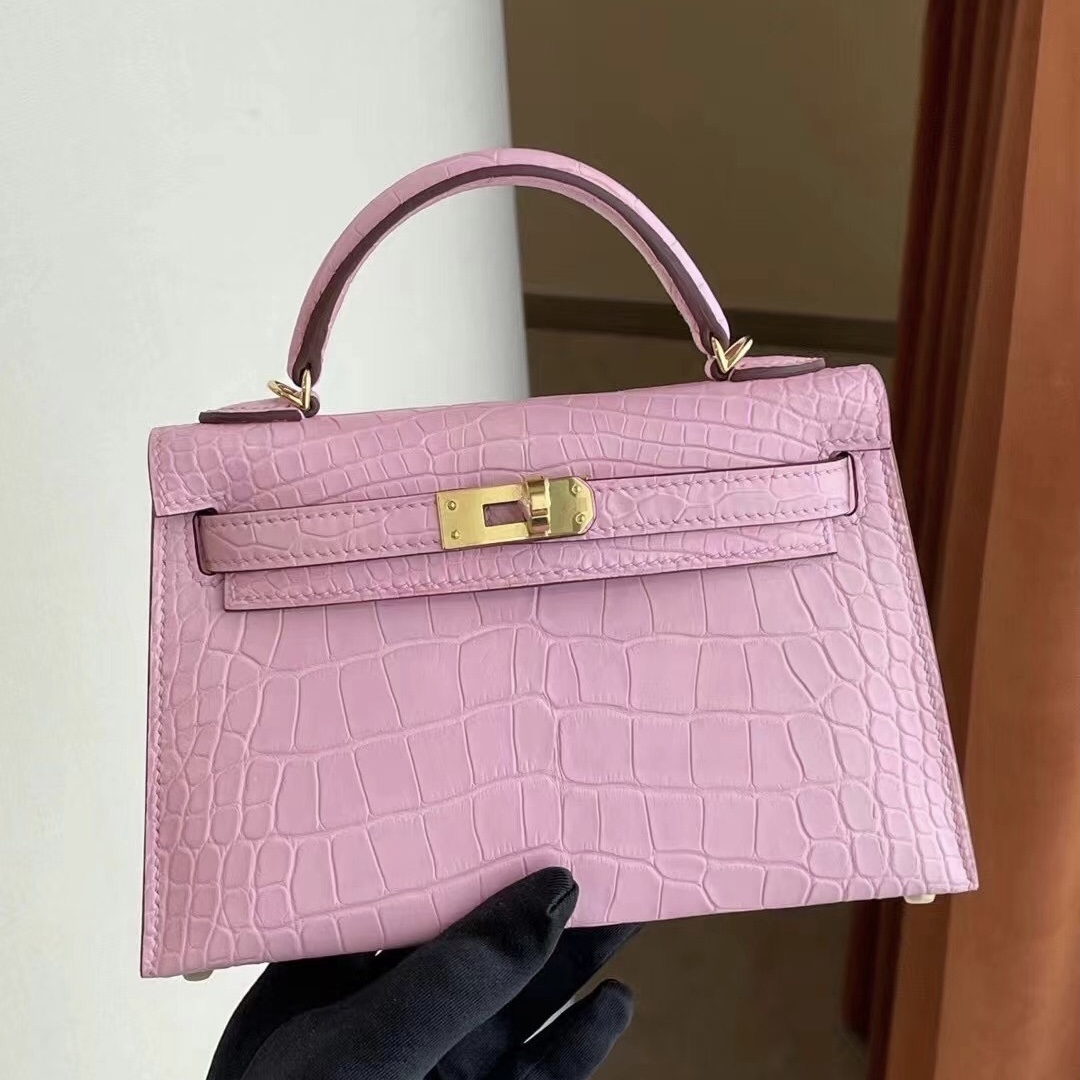 愛馬仕迷你凱莉二代價格 Hermes Kelly Mini II 2代 5P Pink 櫻花粉霧面方塊 美洲鱷魚