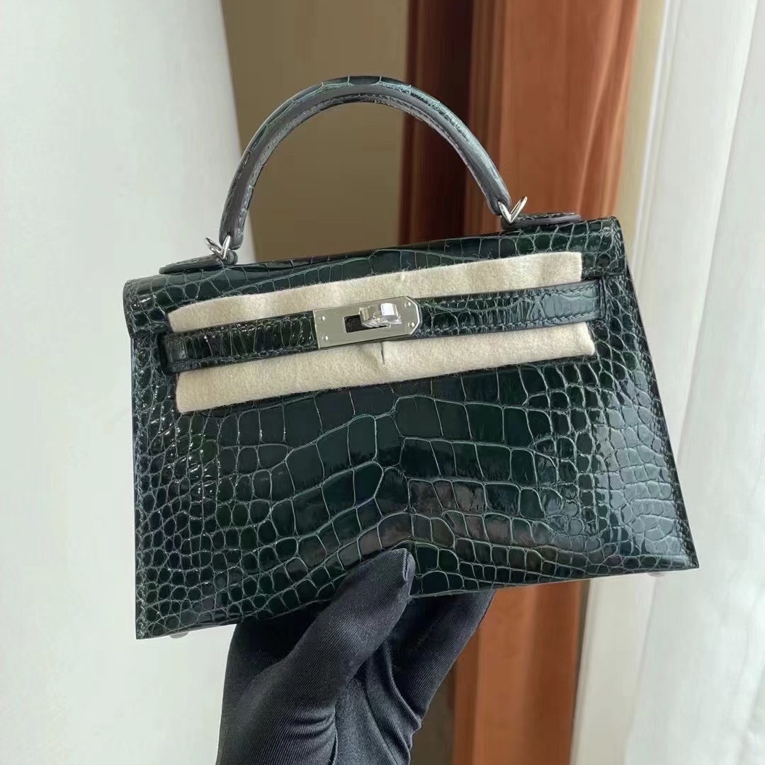 愛馬仕迷你凱莉二代價格 Hermes Kelly Mini II 2代 6O Vert Cypres松柏綠亮面美洲鱷魚