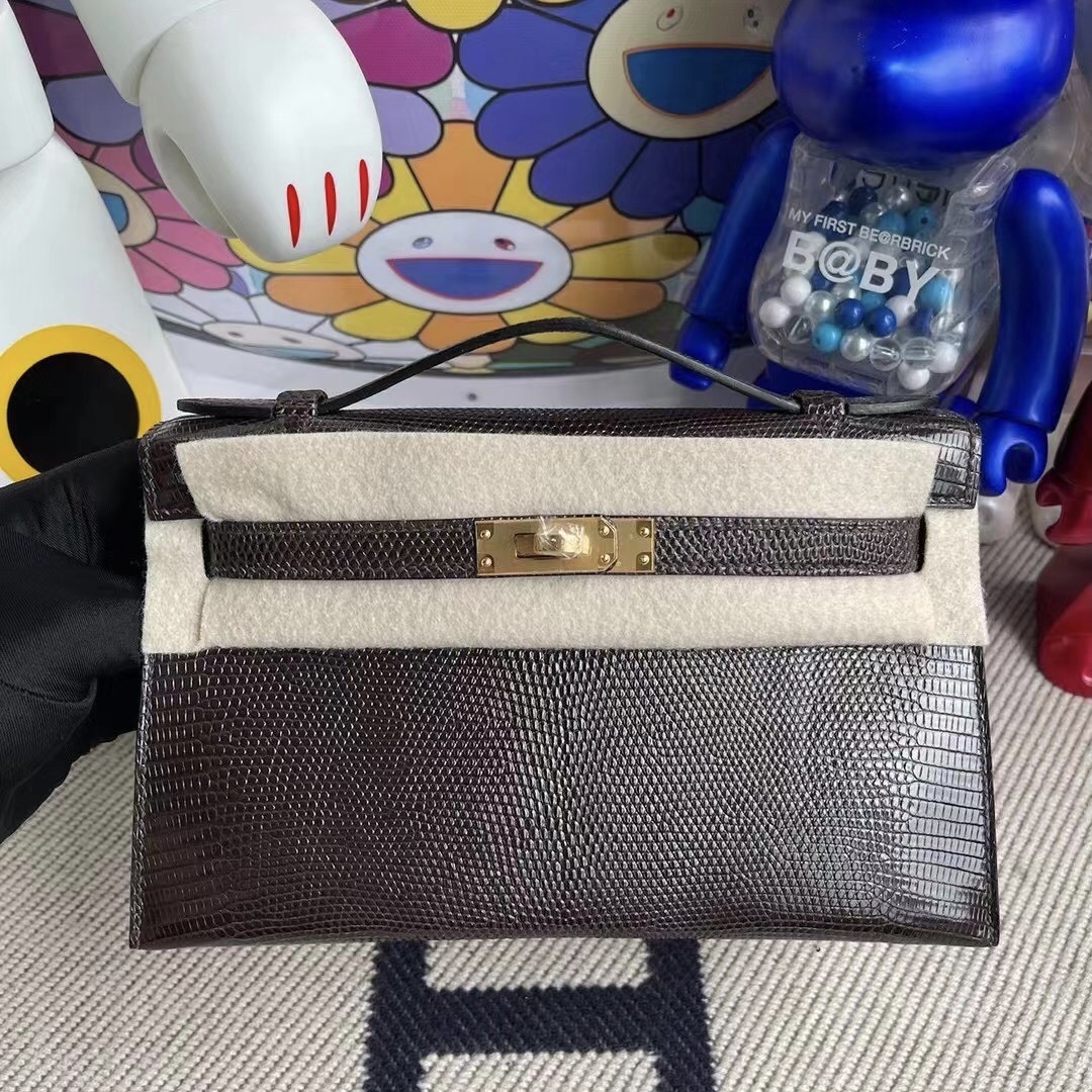 Hermes MiniKelly Pochette Lizard 進口蜥蜴皮 CK47 Chocolate 巧克力 金扣