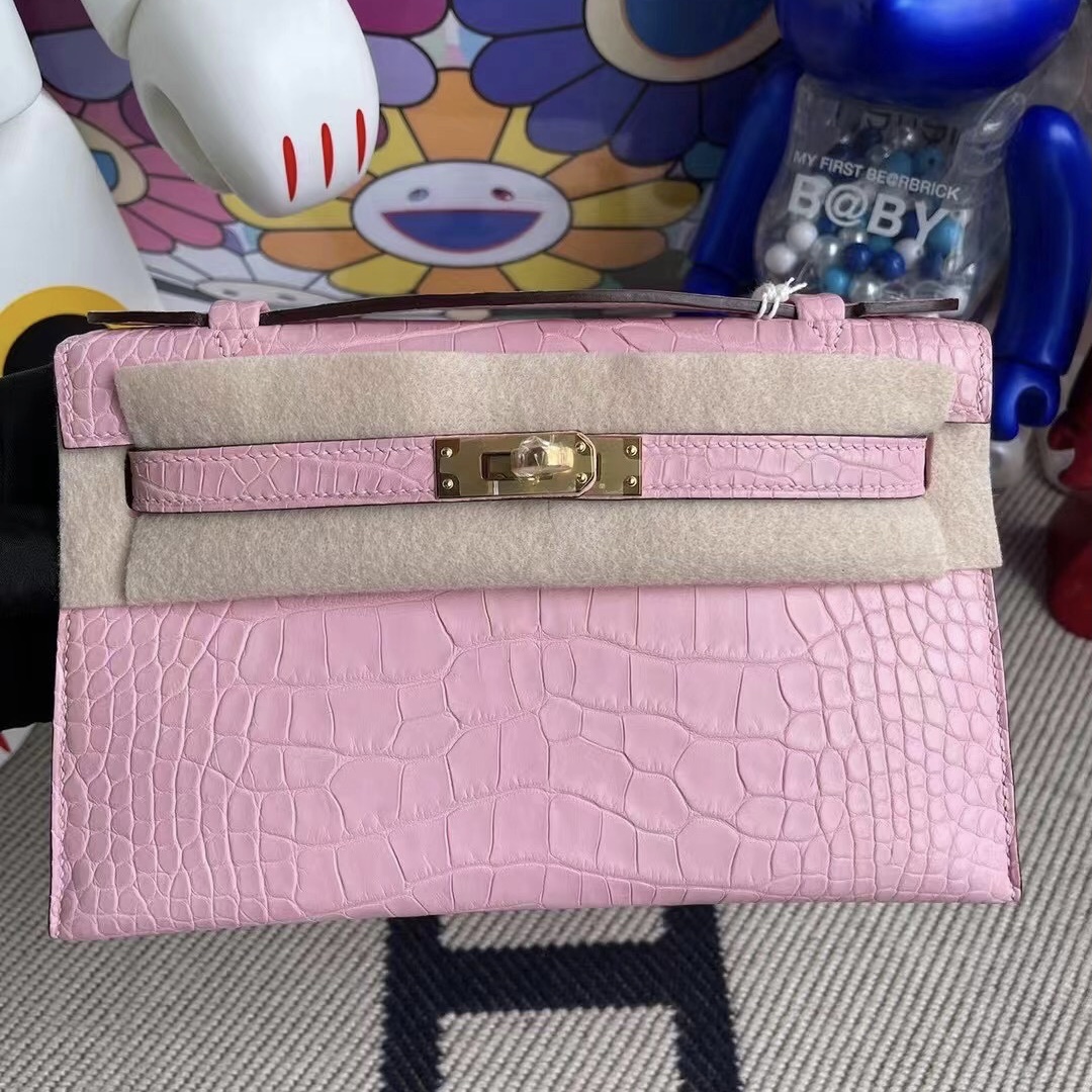 Hermes MiniKelly Pochette 5P Pink 櫻花粉 霧面美洲鱷魚 金扣