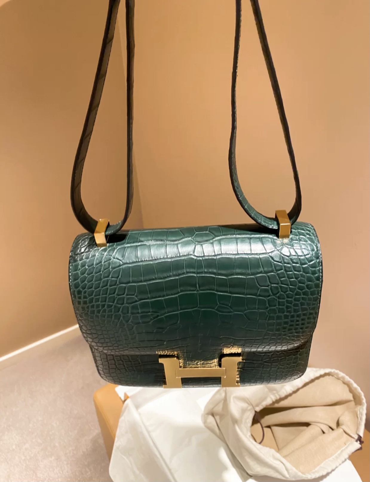 Hermes Constance 19cm 67 Vert Fonce 祖母綠 霧面方塊 美洲鱷魚