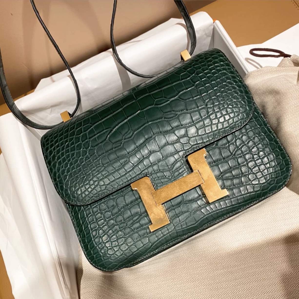 Hermes Constance 19cm 67 Vert Fonce 祖母綠 霧面方塊 美洲鱷魚