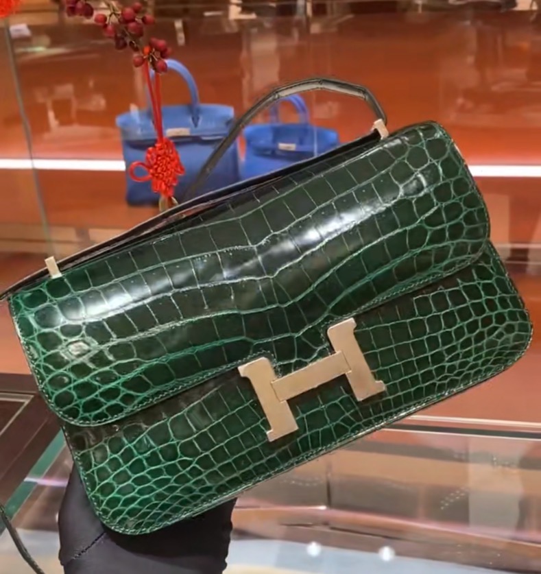 Hermes Constance Elan 26cm 67 Vert Fonce 祖母綠 亮面方塊美洲鱷魚