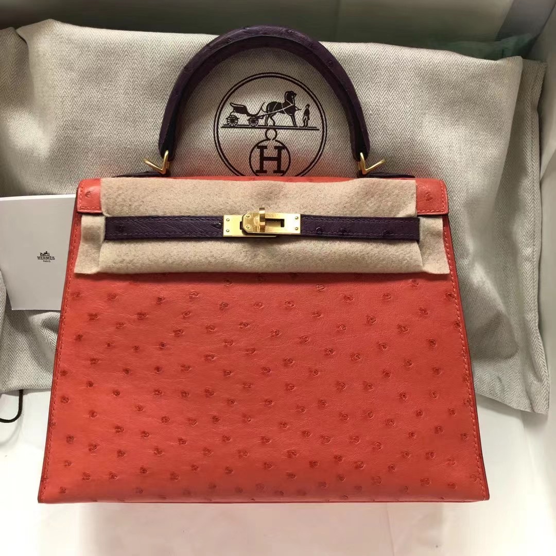 Hermes Kelly 25 A5 Bouganinviller杜鵑紅拼P9 Anemone海葵紫 南非鴕鳥皮