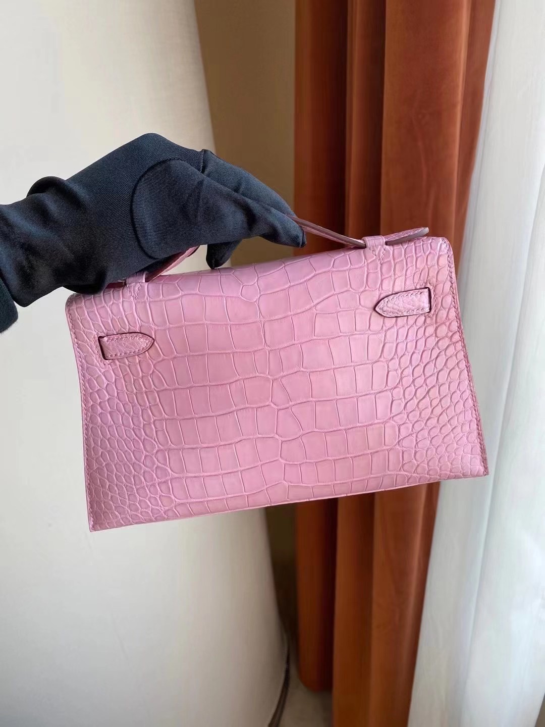 愛馬仕迷你凱莉包價格 Hermes MiniKelly Pochette 5P pink 櫻花粉 霧面方塊 美洲鱷魚