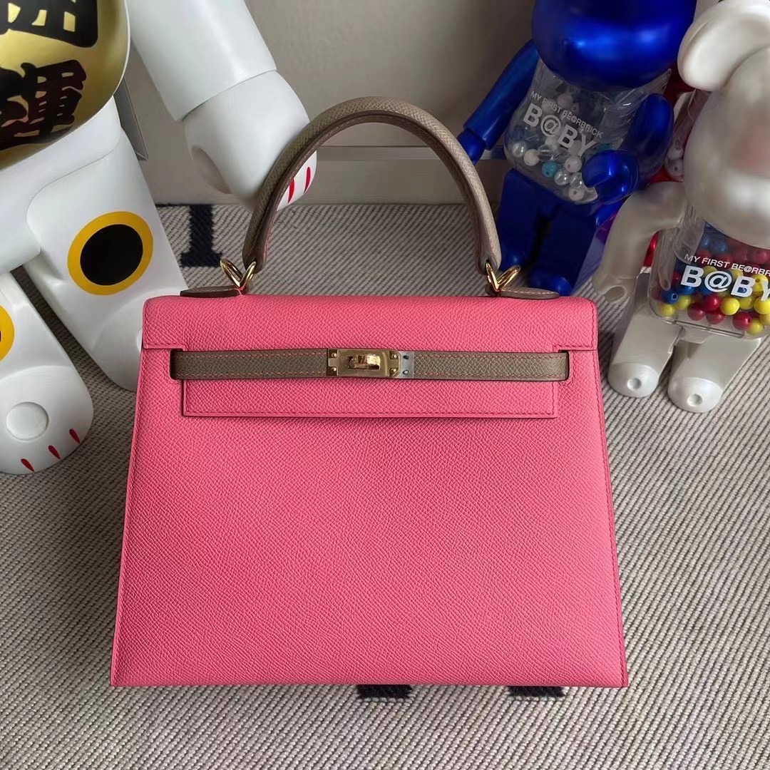 Hermes Kelly 25 HSS 拼色Epsom 8W Rose Azalée 新唇膏粉 18 etoupe 大象灰 金扣